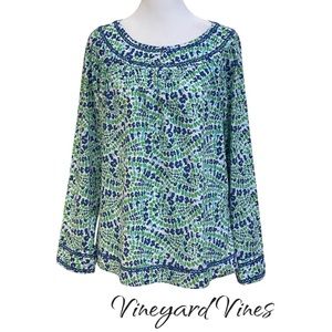 Vineyard Vines Blue Green Swirl Print Peasant Top Sz S Cotton Long Sleeves